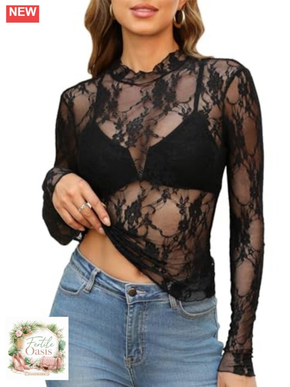 Sheer Lace Mock Neck Long Sleeve Blouse